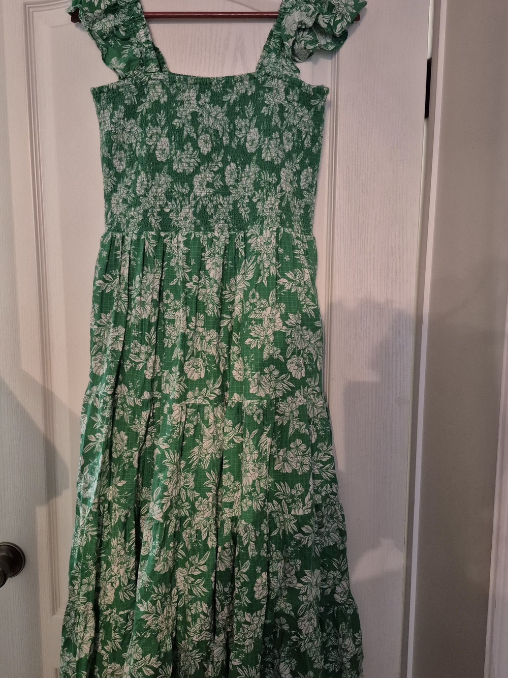 Lands' End Green Floral Smocked Sundress with White Print